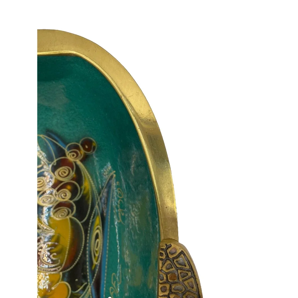 Vintage 1960s Brass Turquoise Enamel Basket With Handle Signed Made in Israel